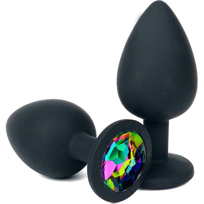 Черная силиконовая анальная пробка с радужным стразом - 7 см