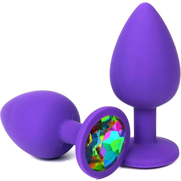 Фиолетовая анальная пробка с разноцветным стразом - 6,8 см