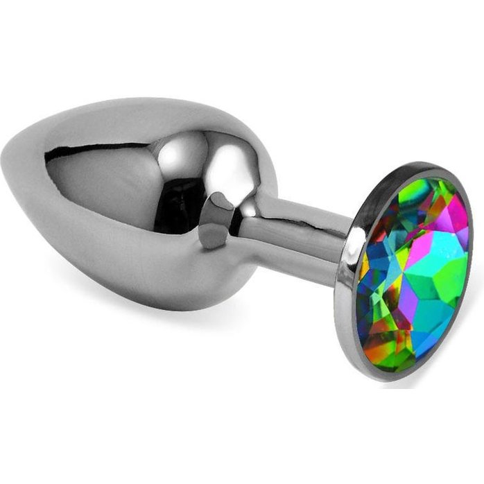 Серебристая гладкая анальная пробка с радужным кристаллом - 6,8 см