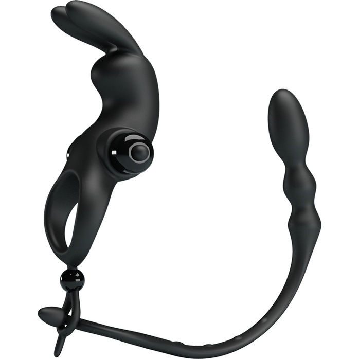 Черное эрекционное виброкольцо со съемным анальным хвостом - Pretty Love