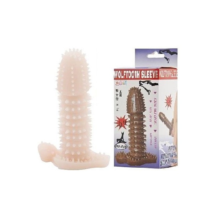 Телесная закрытая насадка на пенис с шипами - 12,5 см. Фотография 2.