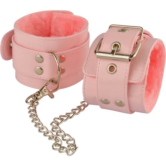 Нежно-розовые лаковые оковы с меховой отделкой - BDSM accessories