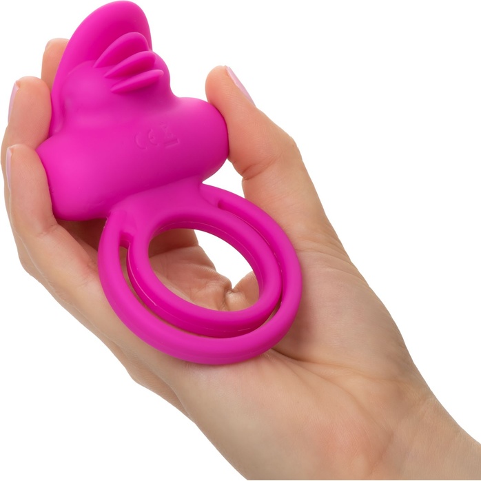 Ярко-розовое эрекционное кольцо Silicone Rechargeable Dual Clit Flicker - Couples Enhancers. Фотография 2.