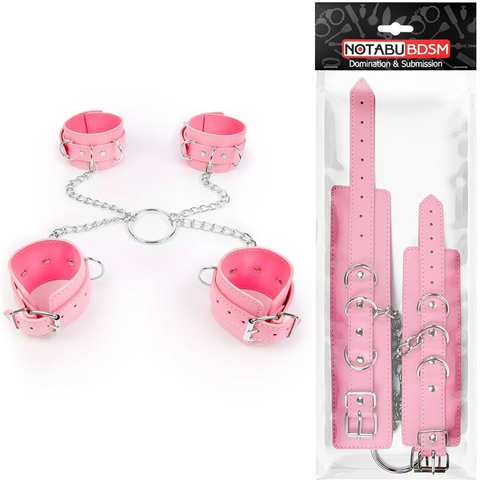 Комплект розовых наручников и оков на металлических креплениях с кольцом - NOTABU. Фотография 2.