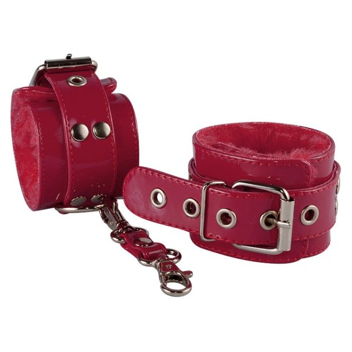 Бордовые лаковые наручники с меховым подкладом - BDSM accessories