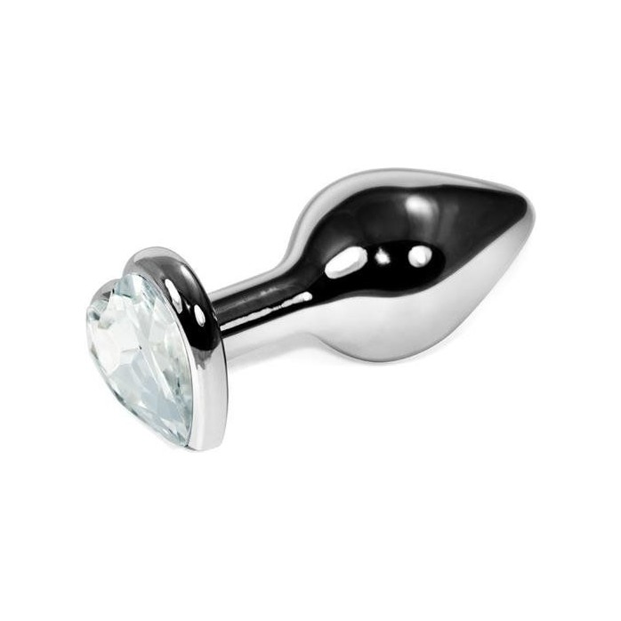 Серебристая анальная пробка с прозрачным кристаллом-сердечком - 6,8 см