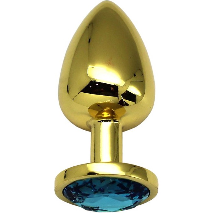 Золотистая анальная пробка с голубым кристаллом - 9 см. Фотография 3.