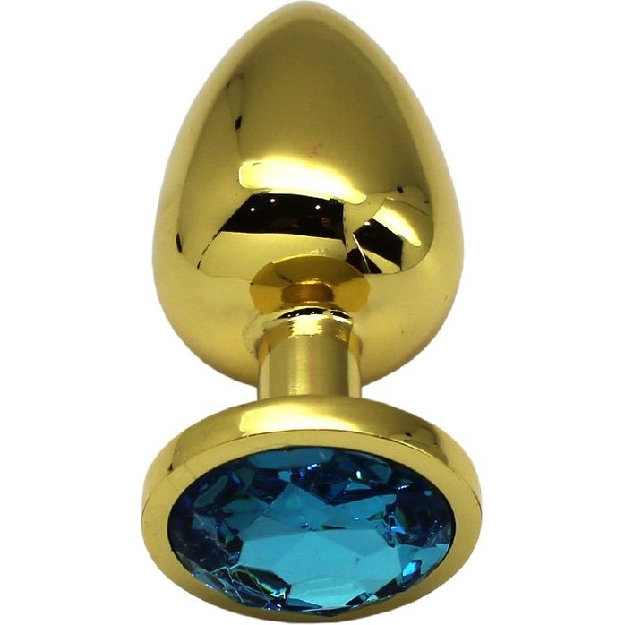 Золотистая анальная пробка с голубым кристаллом - 9 см