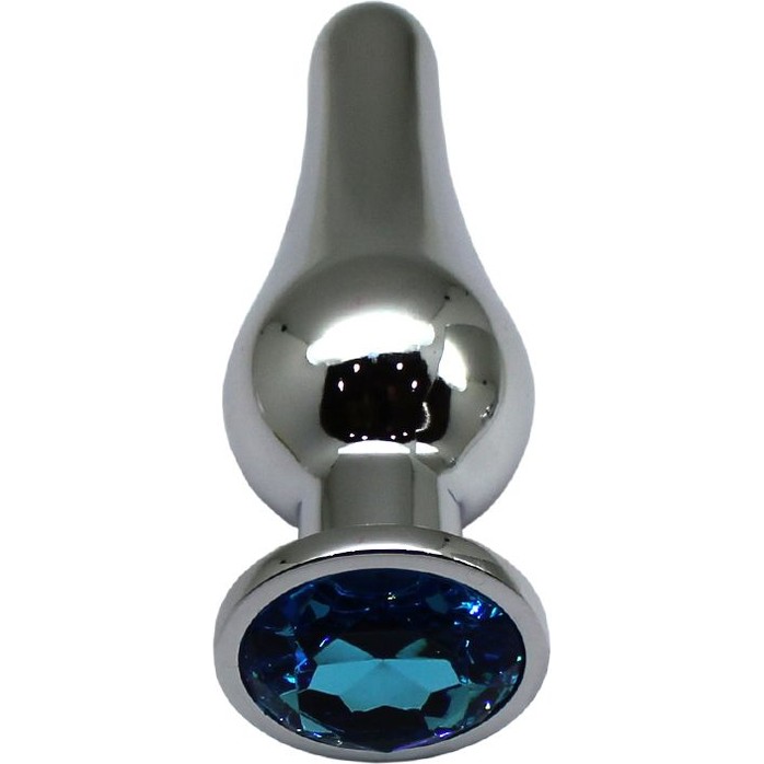 Серебристая анальная пробка с голубым кристаллом - 13 см