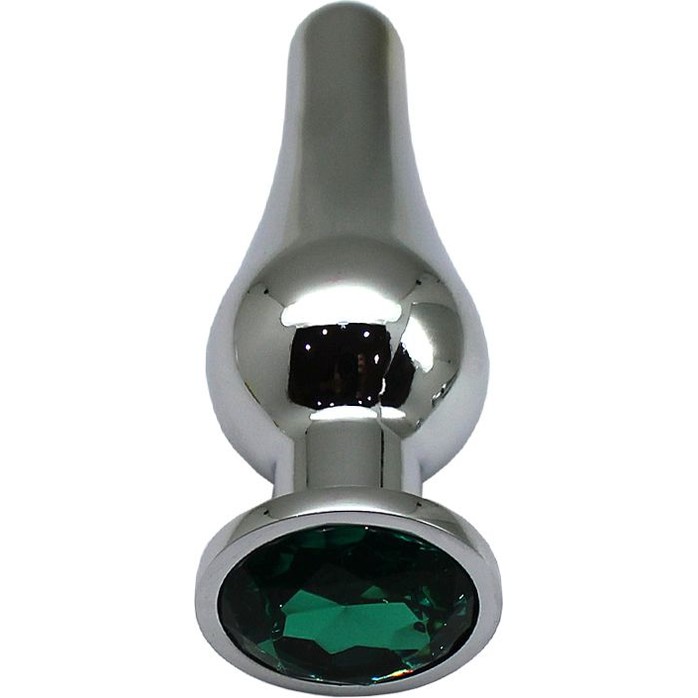 Серебристая анальная пробка с зеленым кристаллом - 13 см