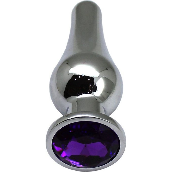 Серебристая анальная пробка с фиолетовым кристаллом - 13 см