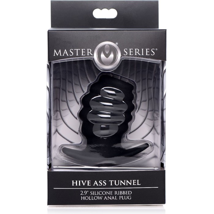 Малая черная анальная пробка Hive Ass Tunnel Silicone Ribbed Hollow Anal Plug Small - 6,86 см - Master Series. Фотография 2.