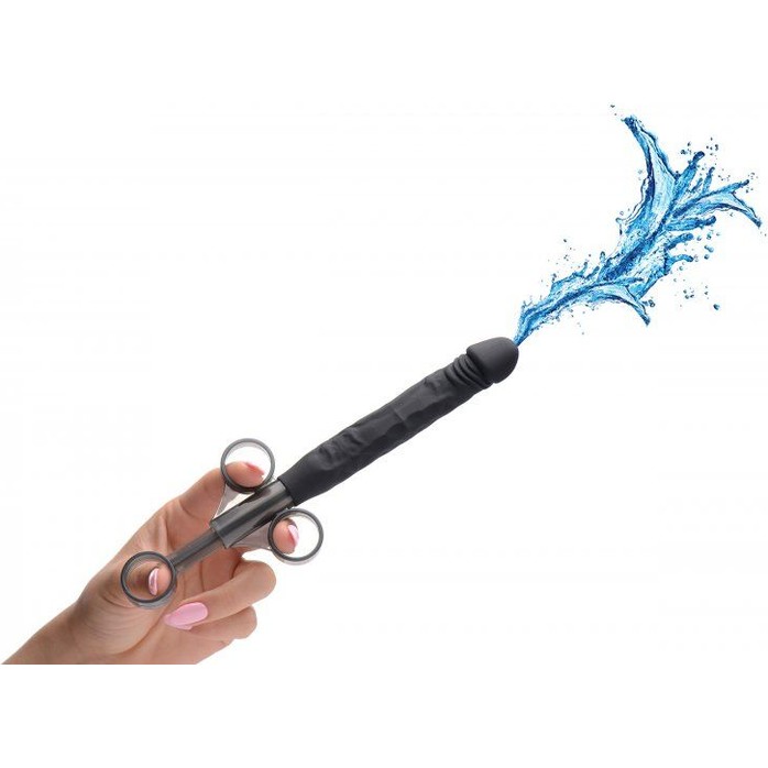 Черный шприц в форме пениса для введения лубриканта Jizz Shooter Silicone Dildo Lube - 19,7 см - Master Series. Фотография 4.