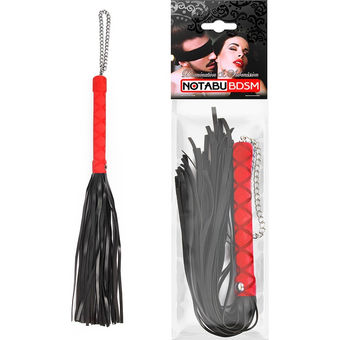 Черная многохвостая плеть-флоггер с красной ручкой - 40 см. Фотография 2.