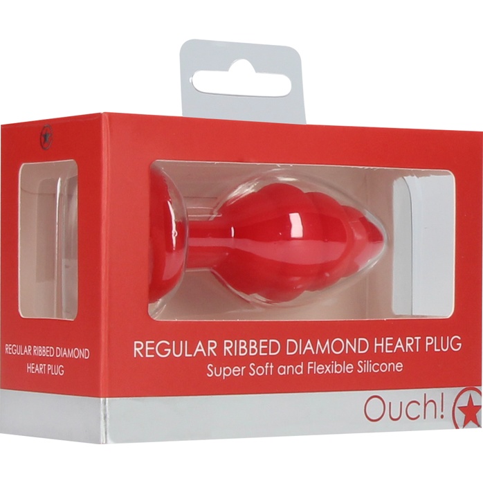 Красная анальная пробка Regular Ribbed Diamond Heart Plug - 7 см - Ouch!. Фотография 6.