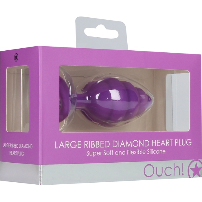 Фиолетовая анальная пробка Large Ribbed Diamond Heart Plug - 8 см - Ouch!. Фотография 6.