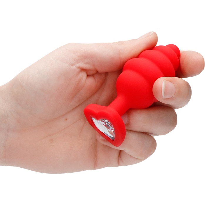 Красная анальная пробка Large Ribbed Diamond Heart Plug - 8 см - Ouch!. Фотография 4.