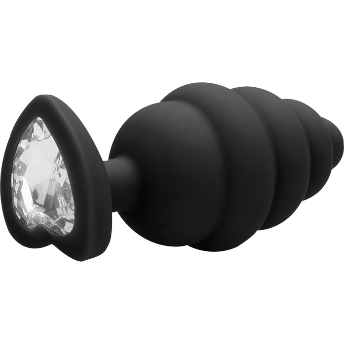 Черная анальная пробка Extra Large Ribbed Diamond Heart Plug - 9,6 см - Ouch!. Фотография 2.