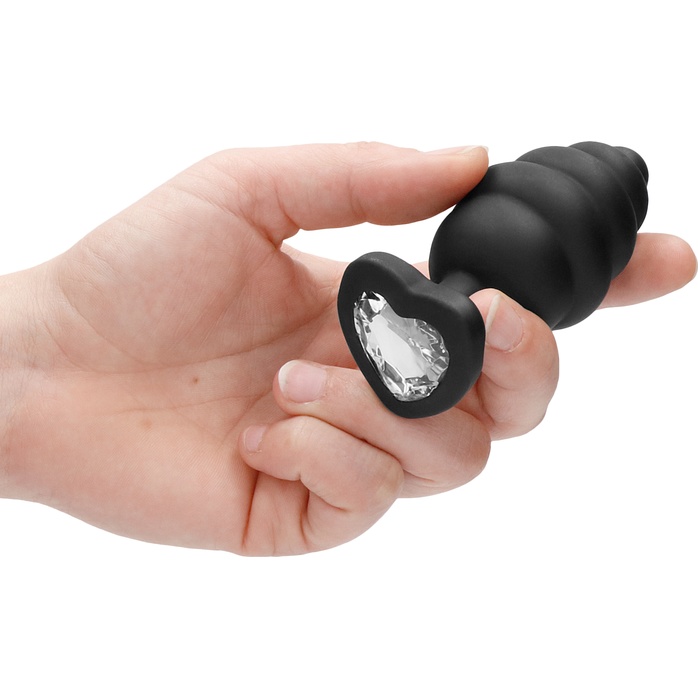 Черная анальная пробка Extra Large Ribbed Diamond Heart Plug - 9,6 см - Ouch!. Фотография 4.
