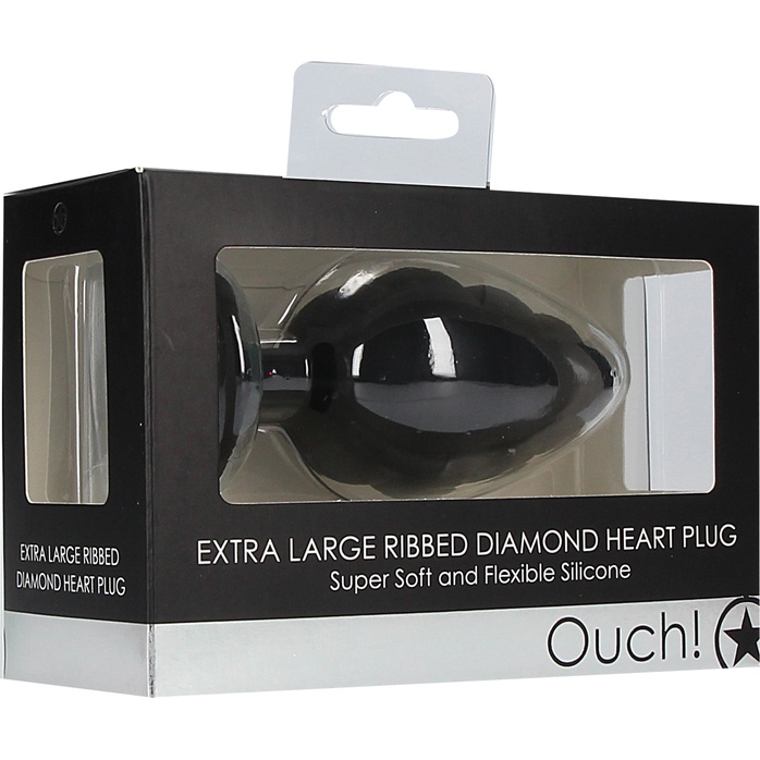 Черная анальная пробка Extra Large Ribbed Diamond Heart Plug - 9,6 см - Ouch!. Фотография 6.