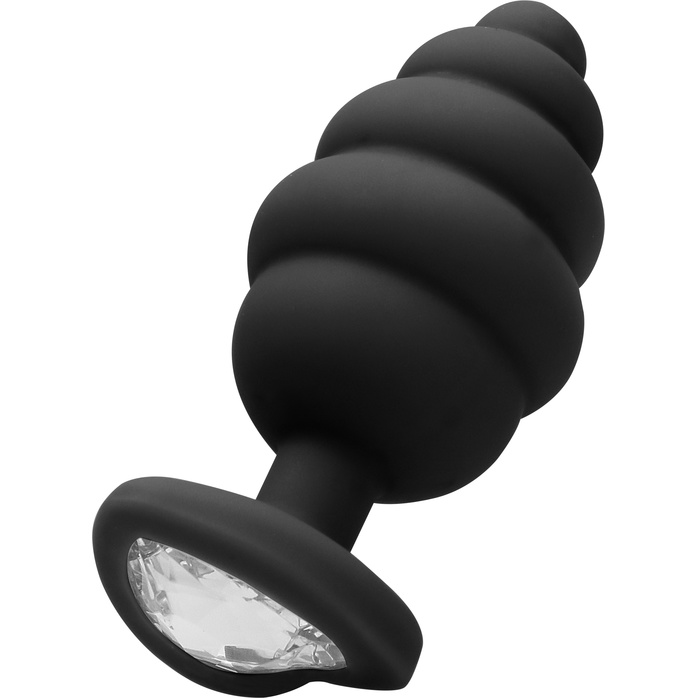 Черная анальная пробка Extra Large Ribbed Diamond Heart Plug - 9,6 см - Ouch!