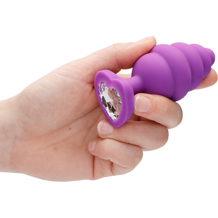 Фиолетовая анальная пробка Extra Large Ribbed Diamond Heart Plug - 9,6 см - Ouch!. Фотография 4.