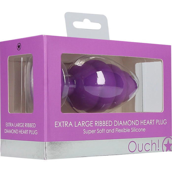 Фиолетовая анальная пробка Extra Large Ribbed Diamond Heart Plug - 9,6 см - Ouch!. Фотография 6.