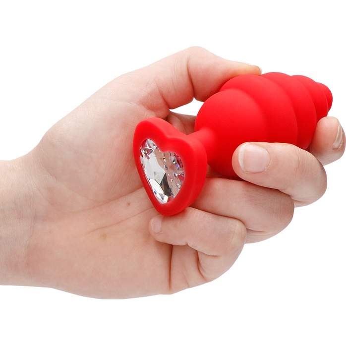 Красная анальная пробка Extra Large Ribbed Diamond Heart Plug - 9,6 см - Ouch!. Фотография 4.