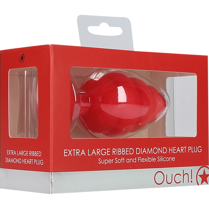 Красная анальная пробка Extra Large Ribbed Diamond Heart Plug - 9,6 см - Ouch!. Фотография 6.
