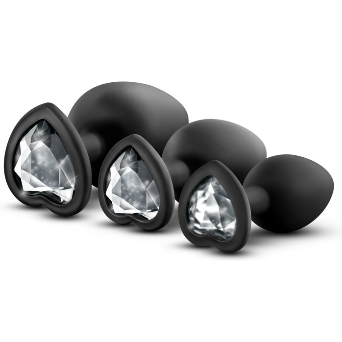 Набор из 3 черных пробок с прозрачным кристаллом-сердечком Bling Plugs Training Kit - Luxe. Фотография 3.