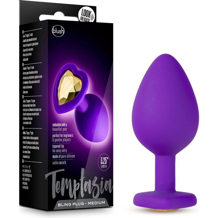 Фиолетовая анальная пробка Bling Plug Medium с золотистым стразом - 8,3 см - Temptasia. Фотография 3.