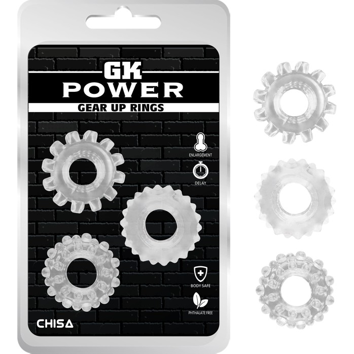 Набор из 3 прозрачных эрекционных колец Gear Up Rings - GK Power