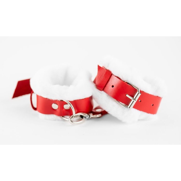 Бело-красные кожаные наручники с нежным мехом - Valentine s Day Arsenal. Фотография 7.