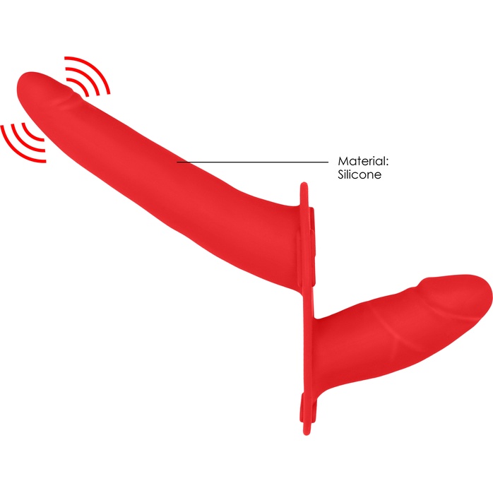 Красный двойной вибрострапон Double Vibrating Silicone Strap-On Adjustable - 15,5 см - Ouch!. Фотография 4.