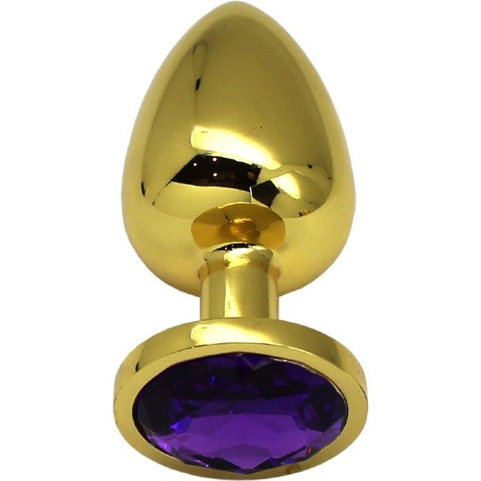 Золотистая анальная пробка с фиолетовым кристаллом - 9 см
