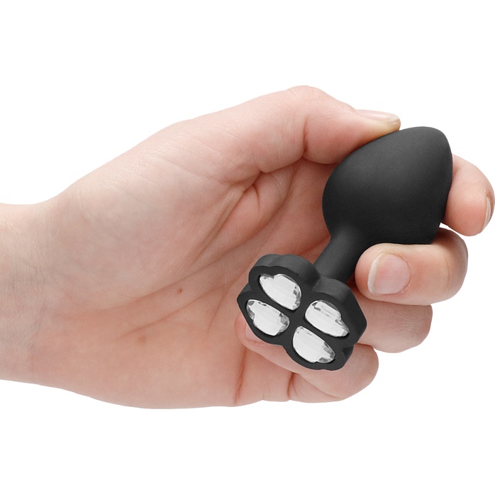 Черная анальная пробка с прозрачным кристаллом-клевером Diamond Butt Plug - 8 см - Ouch!. Фотография 3.