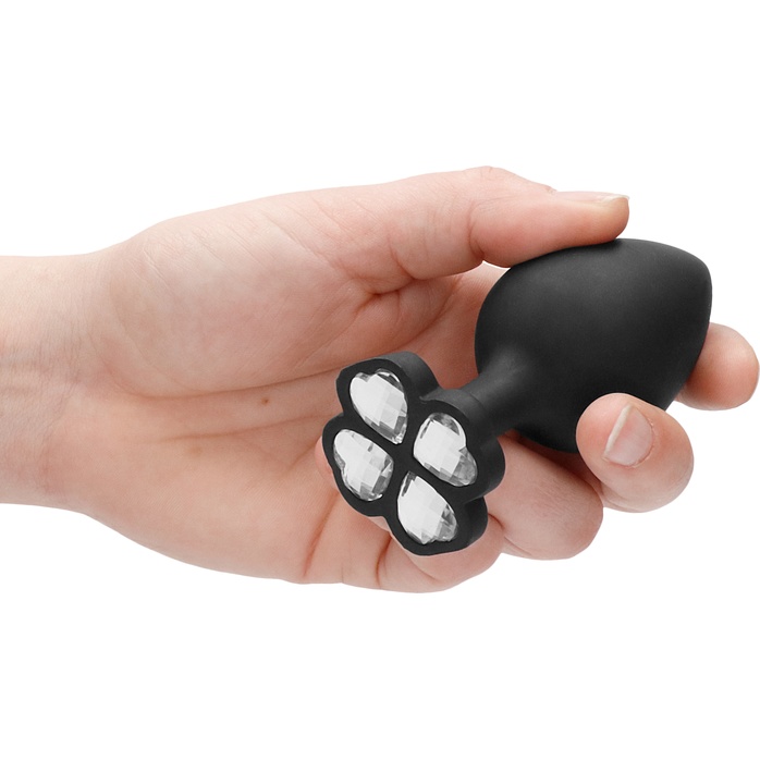 Черная анальная пробка с прозрачным кристаллом-клевером Lucky Diamond Butt Plug - 9,6 см - Ouch!. Фотография 2.