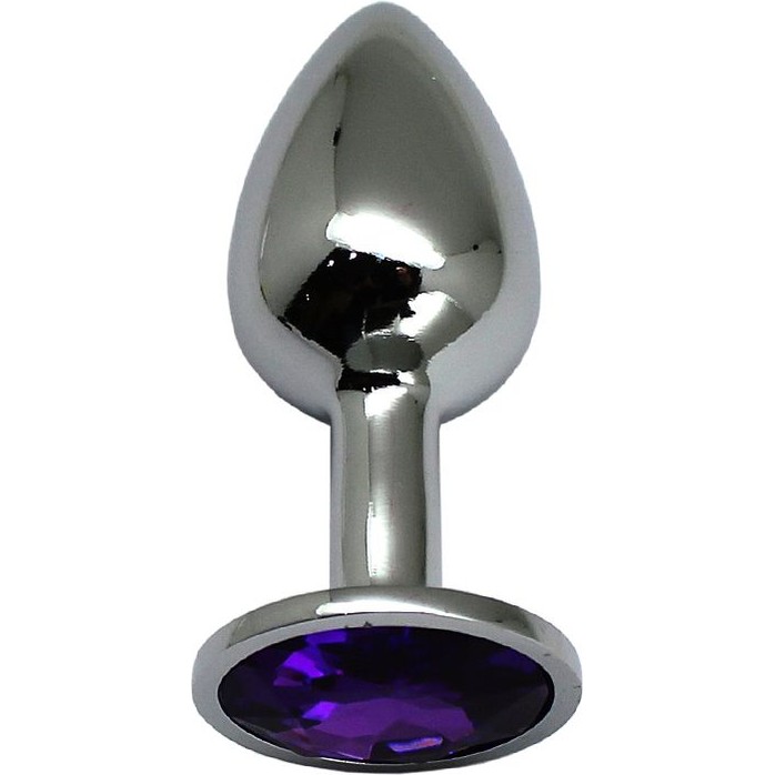 Серебристая анальная втулка с фиолетовым стразом - 7 см