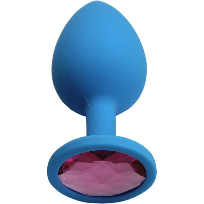 Голубая анальная пробка с розовым кристаллом - 8,4 см