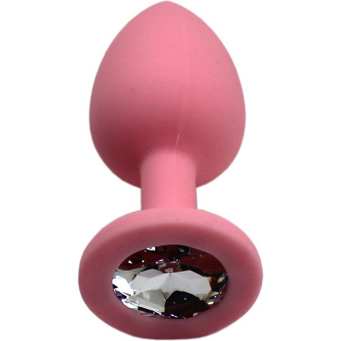 Розовая анальная пробка с прозрачным кристаллом - 7,4 см