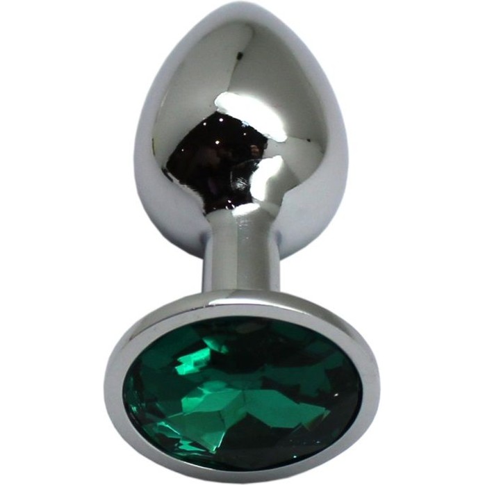 Серебристая анальная пробка с изумрудным стразом - 7 см