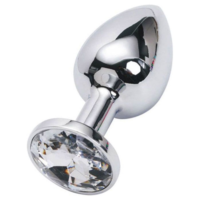 Серебристая анальная пробка из металла с прозрачным стразом - 7 см