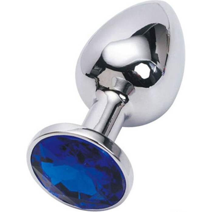 Серебристая анальная пробка с синим стразом - 7 см