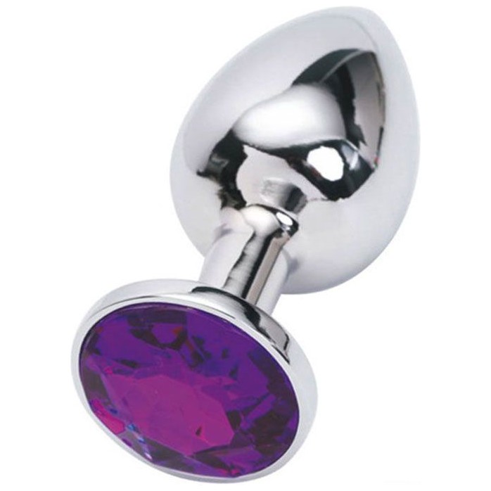 Серебристая анальная пробка из металла с фиолетовым стразом - 7 см