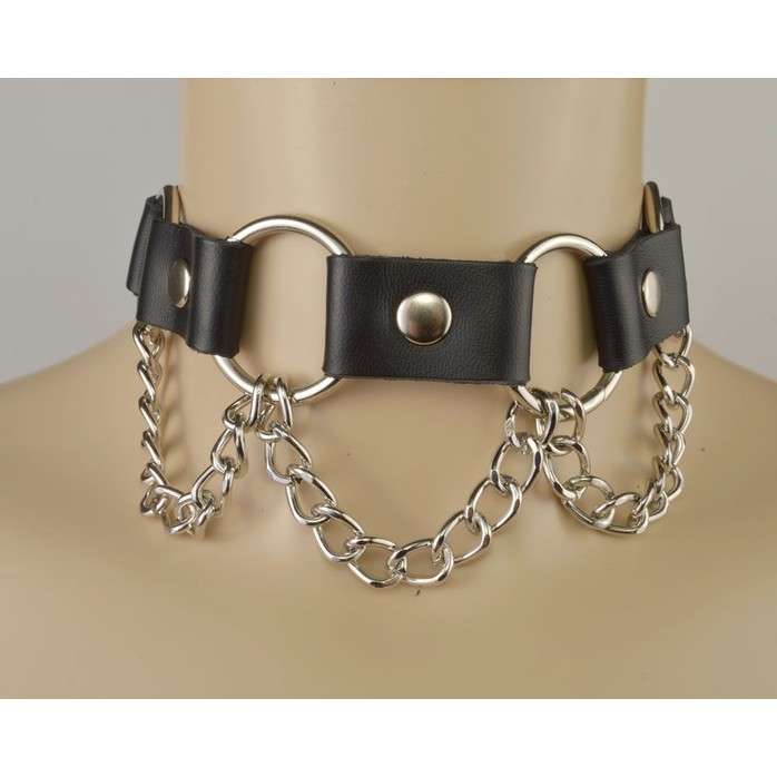 Черный кожаный ошейник с кольцами и цепочкой - BDSM accessories