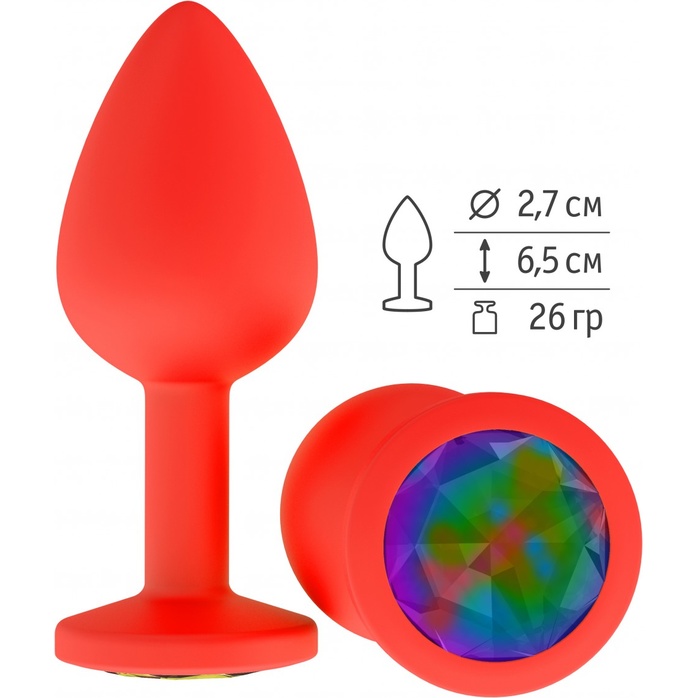 Красная анальная втулка с разноцветным кристаллом - 7,3 см - Анальные втулки с кристаллом
