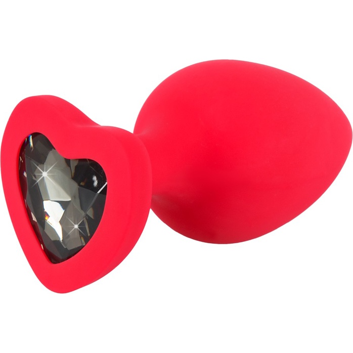 Красная силиконовая анальная пробка с черным стразом-сердечком - 9,3 см - You2Toys