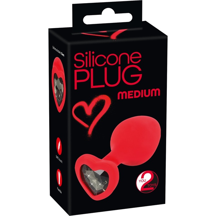 Красная силиконовая анальная пробка с черным стразом-сердечком - 7,9 см - You2Toys. Фотография 8.