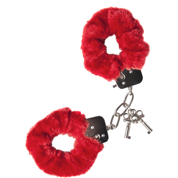 Красные меховые наручники с металлическим крепежом