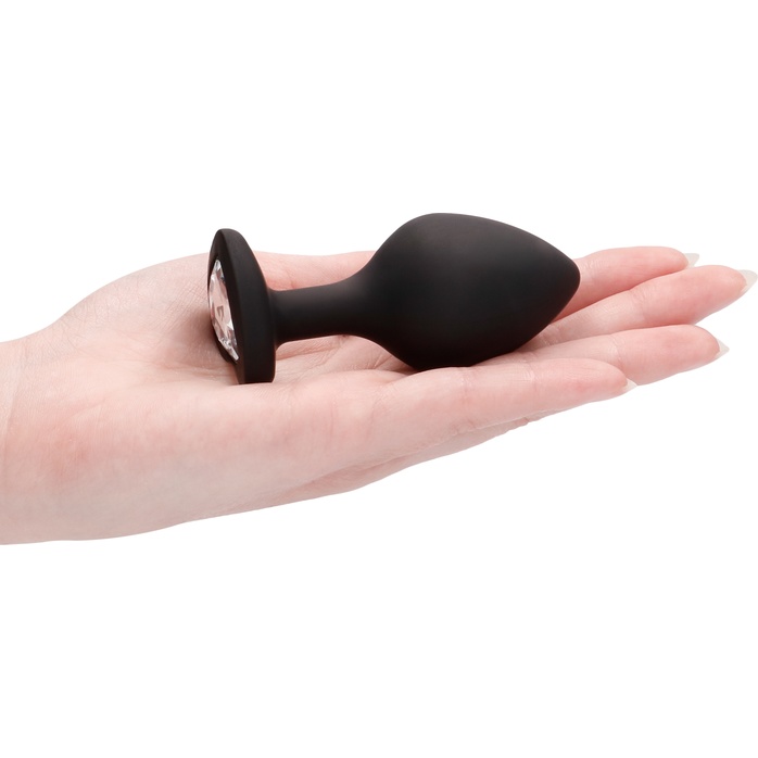 Черная анальная пробка с прозрачным стразом Large Ribbed Diamond Heart Plug - 8 см - Ouch!. Фотография 2.